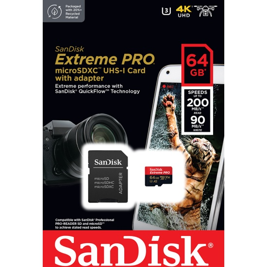 Карта памяти Sandisk Extreme Pro micro SDXC 64Gb UHS-I U3 V30 A2 + ADP (200/90 MB/s)  SDSQXCU-064G-GN6MA