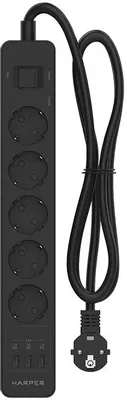 Сетевой фильтр 3,0м  HARPER &amp;lt;UCH-560 Black&amp;gt;  (5 розеток + 3 USB)