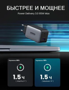 Сетевое зарядное устройство Ugreen USB-A + 2хUSB-C 65 Вт, GAN Tech Fast Charger, темно-серый