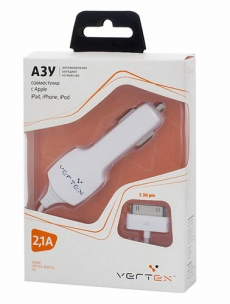 Автомобильное зарядное устройство Vertex АЗУ для iPad, iPhone, iPod shuffle, 2100 mA, белый