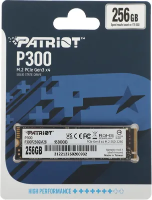 SSD накопитель Patriot P300 P300P256GM28 256ГБ, M.2 2280, PCIe 3.0 x4, NVMe, M.2