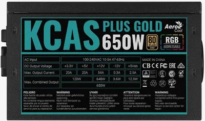 Блок питания 650W Aerocool KCAS PLUS GOLD &amp;lt;KCAS PLUS 650G&amp;gt; ARGB 80+ gold 24+2x(4+4) pin APFC 120mm fan 6xSATA RTL