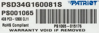 Оперативная память Patriot PSD34G160081S DDR3 - 1x 4ГБ 1600МГц, для ноутбуков (SO-DIMM), Ret