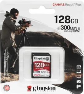 Карта памяти SDXC UHS-II U3 Kingston Canvas React Plus 128 ГБ, 300 МБ/с, Class 10, SDR2/128GB