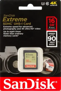 Карта памяти SDHC UHS-I U3 Sandisk Extreme 16 ГБ, 90 МБ/с, 600X, Class 10, SDSDXNE-016G-GNCIN, 1 шт.