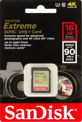 Карта памяти SDHC UHS-I U3 Sandisk Extreme 16 ГБ, 90 МБ/с, 600X, Class 10, SDSDXNE-016G-GNCIN, 1 шт.