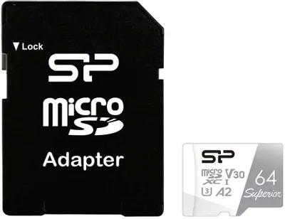 Карта памяти microSDXC UHS-I U3 Silicon Power Superior 64 ГБ, 100 МБ/с, Class 10, SP064GBSTXDA2V20SP, 1 шт., переходник SD