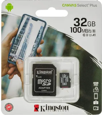 Карта памяти microSDHC UHS-I U1 Kingston Canvas Select Plus 32 ГБ, 100 МБ/с, Class 10, SDCS2/32GB, 1 шт., переходник SD