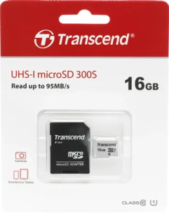 Карта памяти microSDHC UHS-I U1 Transcend 16 ГБ, 95 МБ/с, Class 10, TS16GUSD300S-A, 1 шт., переходник SD