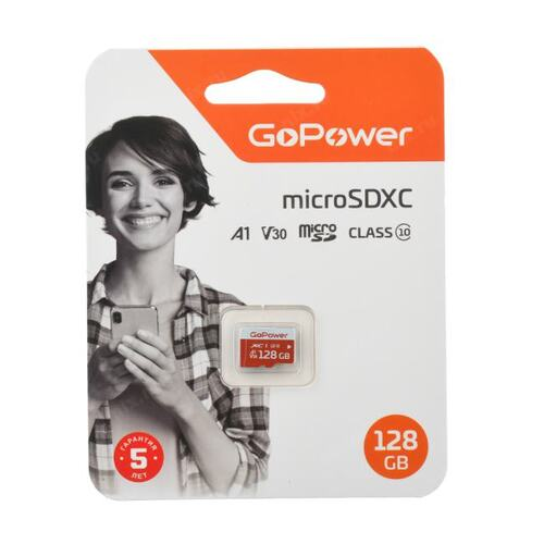 Карта памяти 128GB MicroSD, UHS I, SDXC, V30, U3, 100 МБ/с, Class 10 00-00025683 GoPower