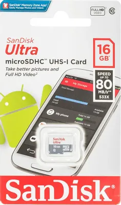 Карта памяти microSDHC UHS-I Sandisk Ultra 80 16 ГБ, 80 МБ/с, 533X, Class 10, SDSQUNS-016G-GN3MN, 1 шт., без адаптера