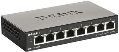 Коммутатор D-Link DGS-1100-08V2, L2 Smart Switch with 8 10/100/1000Base-T ports4K Mac address, 802.3x Flow Control,32 802.1Q VLAN, VID range 1-4094, Jumbo 9216 b