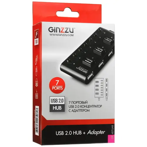 USB-разветвитель Ginzzu GR-487UAB 7-port USB2.0 Hub + б.п